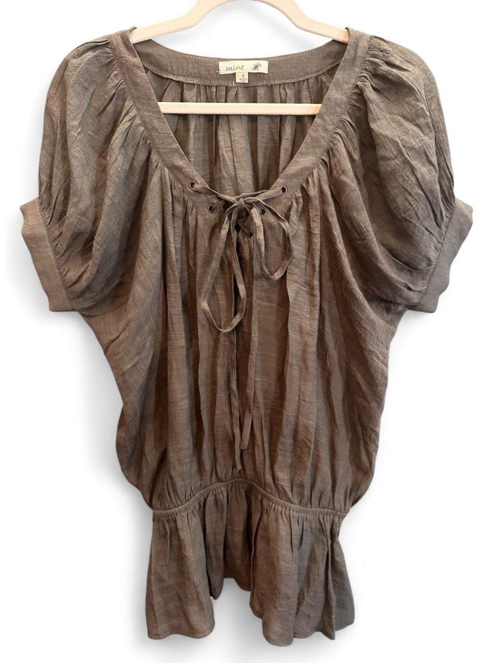 mine Taupe Tie-Front Puff Sleeve Blouse